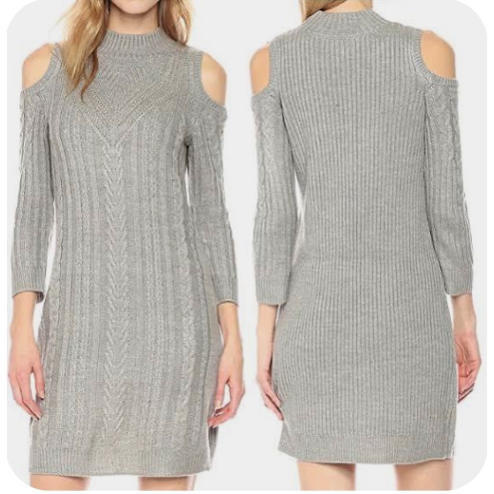 J Howard Sweater Dress Large Gray Cold Shoulder Cable Knit Mock Neck Bodycon